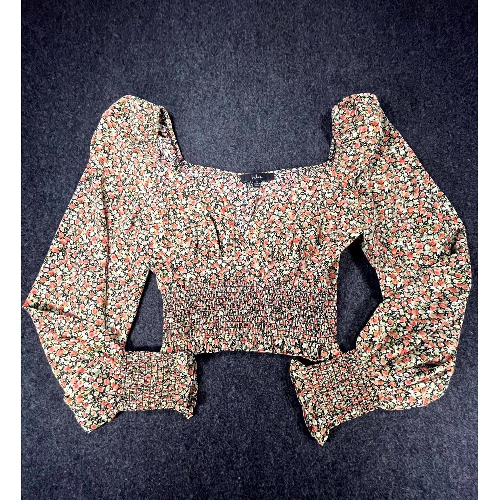 Lulus Smocked Cropped Top Womens Small Multicolor Cottagecore Floral Puff Sleeve